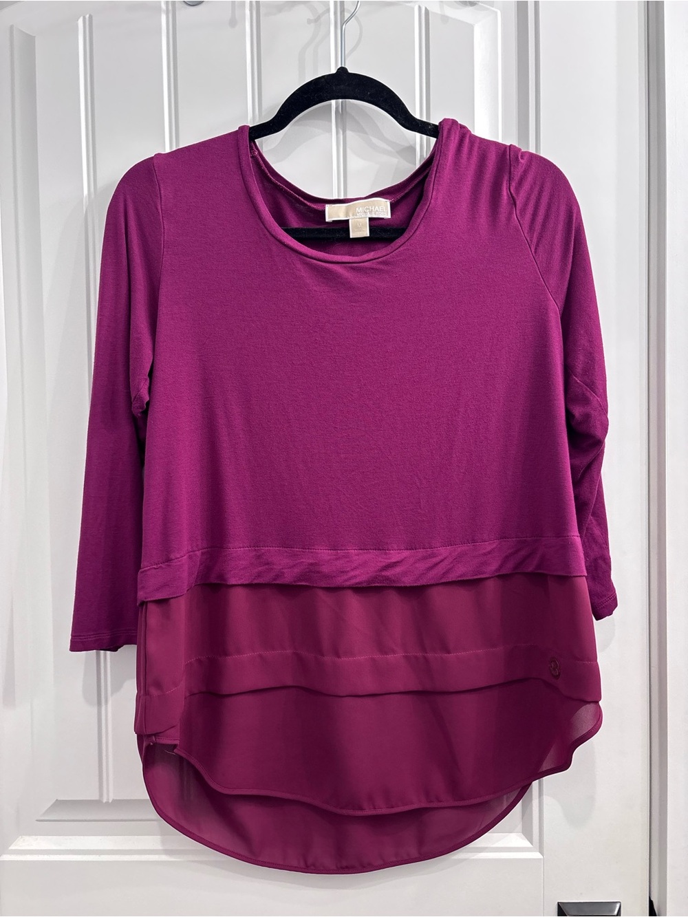 Michael Kors Magenta Layered Chiffon Hem Long-Sleeve Top